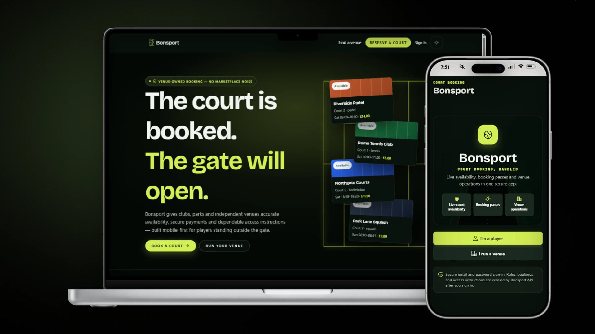 Bonsport landing page on a laptop and phone, a court booking platform showing live availability for tennis, padel and squash venues.