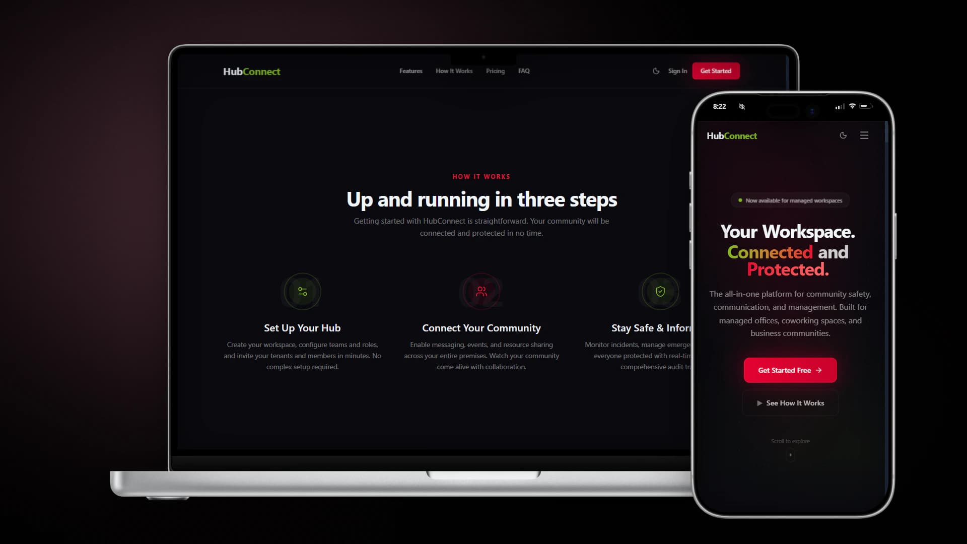 HubConnect landing page on a laptop and phone, a safety and communication platform for managed offices and coworking spaces.