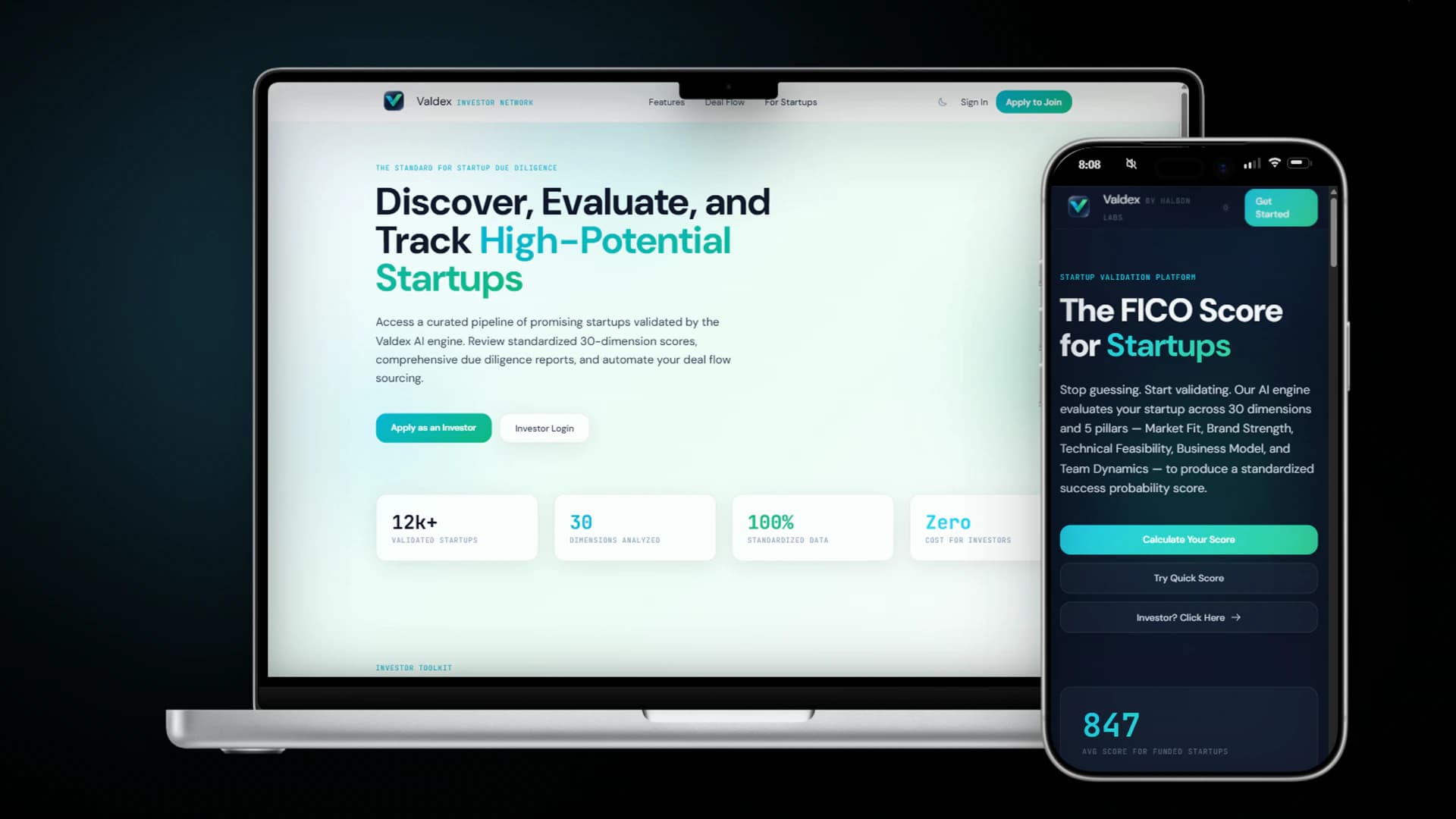 Valdex landing page on a laptop and phone, a startup validation platform that scores startups across thirty dimensions.